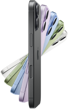 iPhone 17, exterior side, five colours: Black, Lavender, Mist Blue, Sage and White.