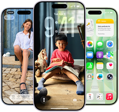 iPhone 17, exterior front, Dynamic Island centred near top, three colours: Mist Blue, Lavender, Sage