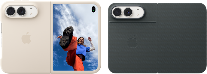 iPhone Duo, Star White colour in Sand Silicone Case, landscape orientation, fully opened horizontally, Dual Fusion cameras on the top left, case covers the back exterior and outer edge of the front display, right side features portrait of person on outer display. iPhone Duo, Star White colour, fully opened horizontally, Navy Blue Folio with Kickstand, fully opened horizontally, back exterior featuring the 48MP Dual Fusion rear cameras, two lenses