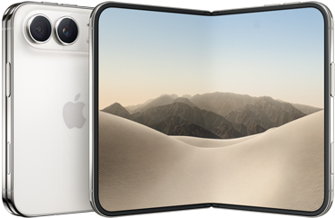 iPhone Duo, folded back exterior, Star White colour, Dual Fusion camera system at top left, Apple logo in centre. Unfolded interior display, all-screen design, rounded corners